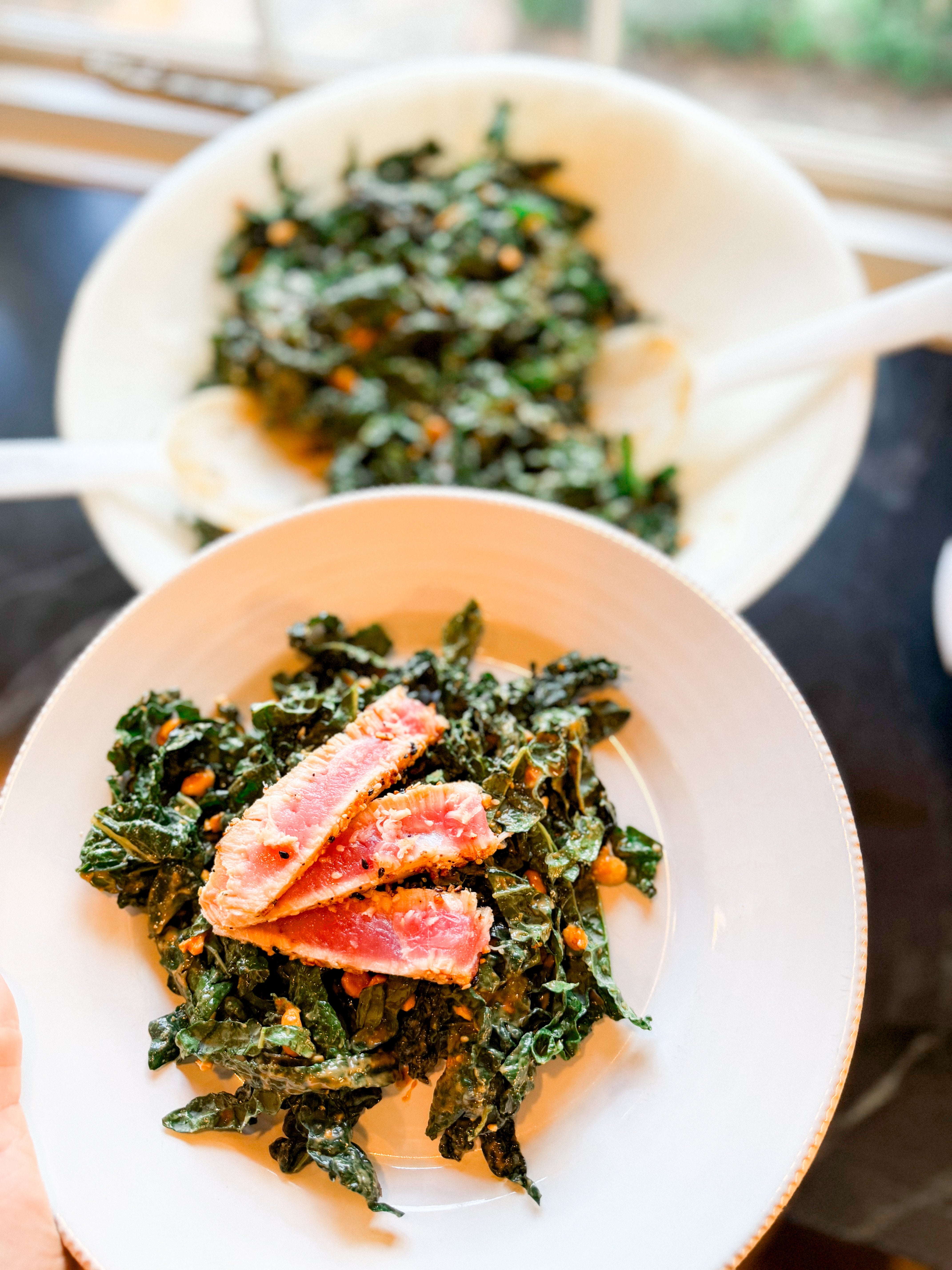 Peanut Vinaigrette Kale Salad with Seared Everything Bagel Tuna